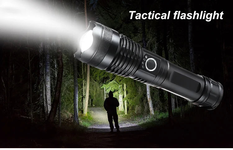 Linterna táctica recargable de 10,000 lúmenes, linterna brillante con 5  modos, impermeable, con zoom, LED XHP50 para senderismo, caza, campamento